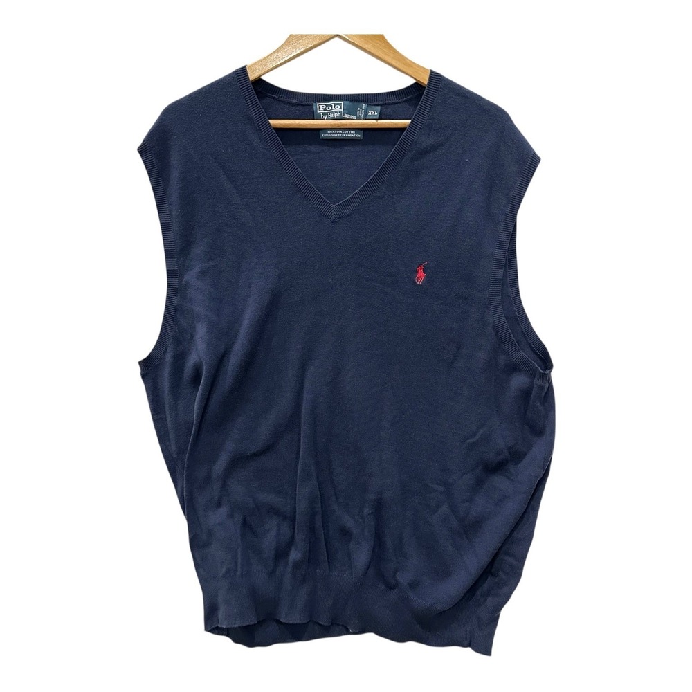 Vintage Polo Ralph Lauren Men's XXL Navy Pima Cotton Sweater Vest Red Pony